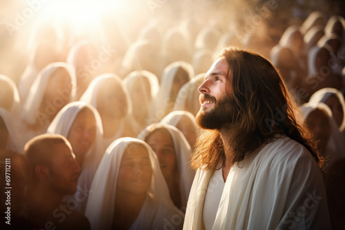 jesus standing in front of a crowd of people with heaven light