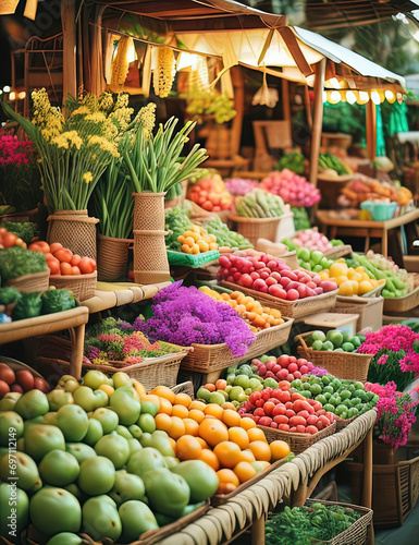 a many baskets of fruit and vegetables on display at a market