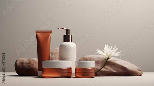 bottle of perfume and skincare arround Rock and Flower Isolated background Generative AI