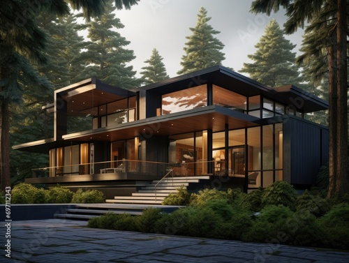 A modern house in the middle of a forest © pham