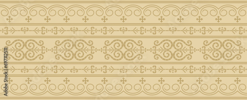Vector golden seamless Yakut ornament. Endless border, frame of the northern peoples of the Far East. photo