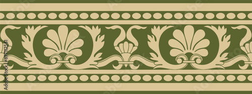 Vector gold and green seamless classic renaissance ornament. Endless european border, revival style frame..