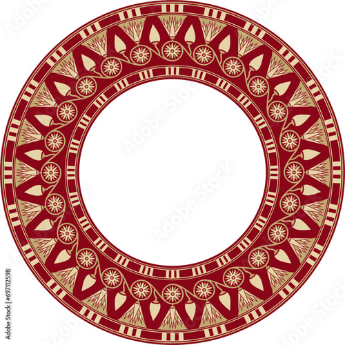 Vector round golden with red Egyptian ornament. Endless circle border, ancient Egypt frame..