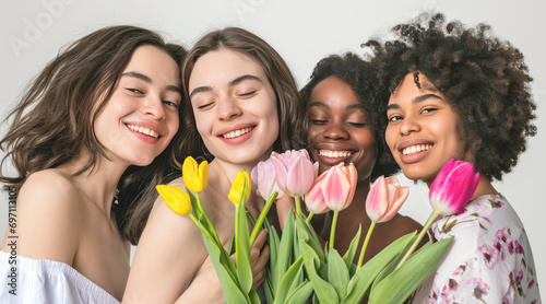 Happy women hold tulips flower