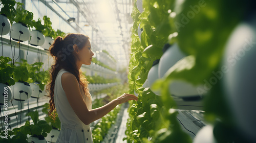 Photograph of Young woman growing hydroponic vegetables in a greenhouse, hydroponic vegetable plot in rows. Generative AI.