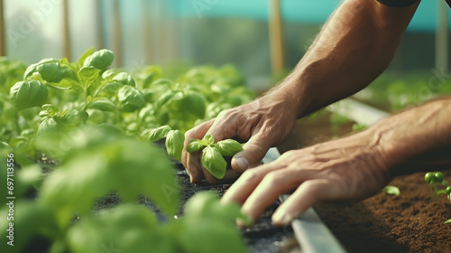 Close up of a male farmer's hands growing organic vegetables in a greenhouse. Organic vegetable plot, green vegetables, lunch, Generation AI.