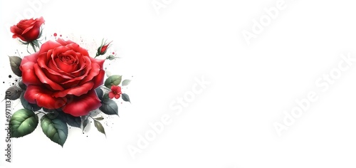 Red rose  watercolor painting  white background with copy space  generative ai