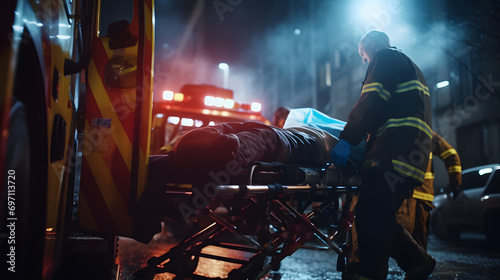 EMS medical teams respond quickly to provide medical assistance to injured patients. and carried him to the ambulance on a stretcher. Emergency care assistants arrived on the scene. Generative AI.