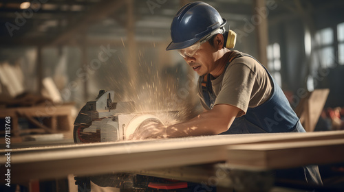 Asian carpenter sawing wood in a wood shop, carpenter wearing protective helmet, teak wood. Generative AI.