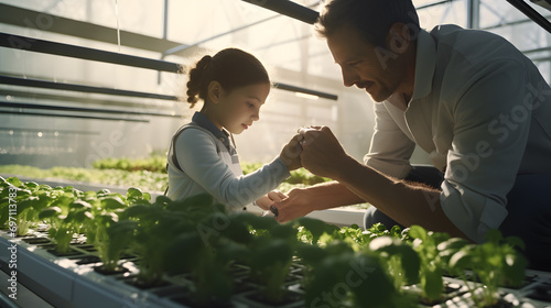 Photograph of father and daughter growing hydroponic vegetables in a greenhouse, hydroponic vegetable plot in rows , daytime. Generative AI.
