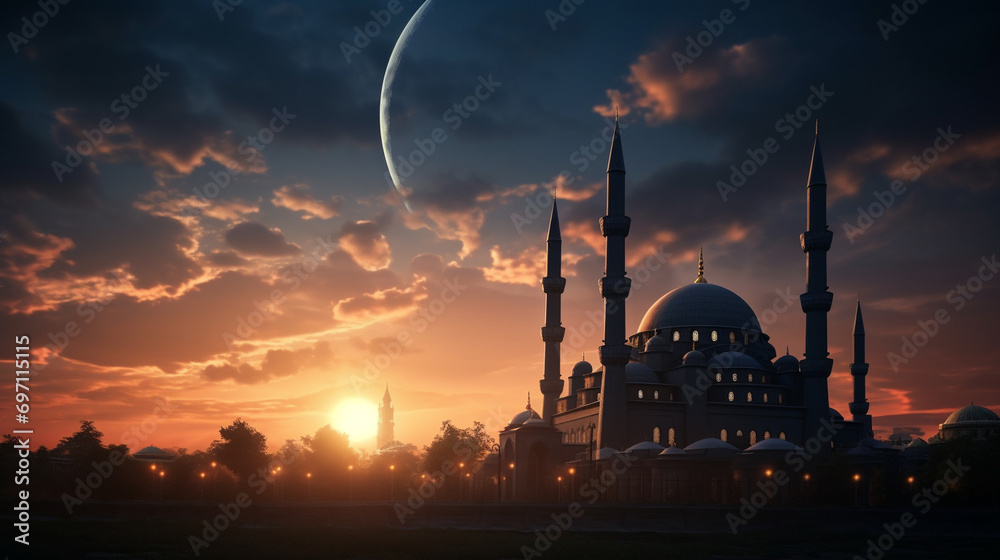 Silhouette of a mosque with a background for Ramadan