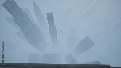 A camera mounted on a high-rise captures a hazy perspective of a large city.
