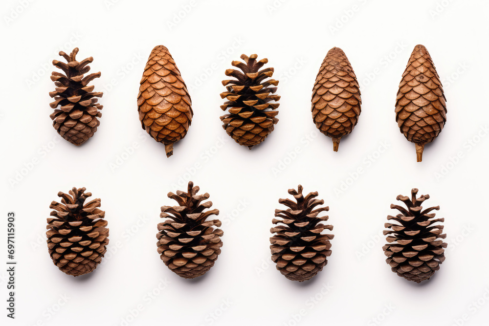 A collection of small pine cone for Christmas tree decoration isolated against a white background.
A collection of small pine cone for Christmas tree decoration isolated against a white background.