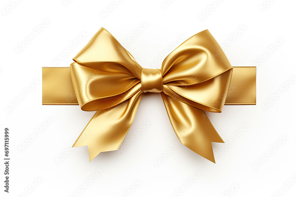 A gold ribbon and bow Christmas, birthday and valentines day present decoration set isolated against a white background. A gold ribbon and bow Christmas, birthday and valentines day present decoration set isolated against a white background.