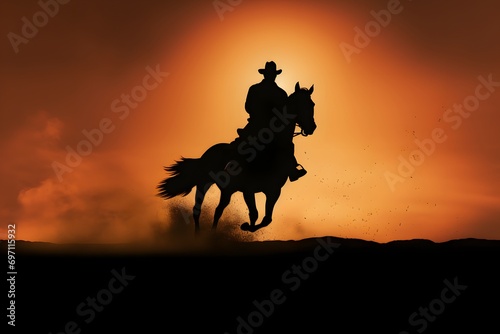 silhouette of a man riding a horse in a desert with sun in background © DailyLifeImages