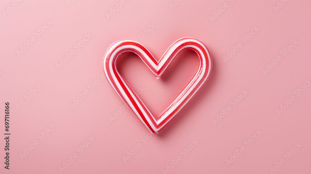 a heart candy cane is displayed on a neon pink background, in the style of photorealistic rendering, sculpted.