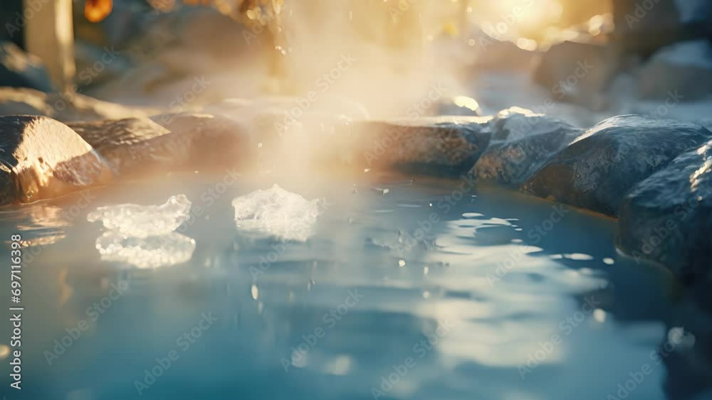 Closeup of the bubbling hot spring water in the stone bath, creating a soothing and calming sound.