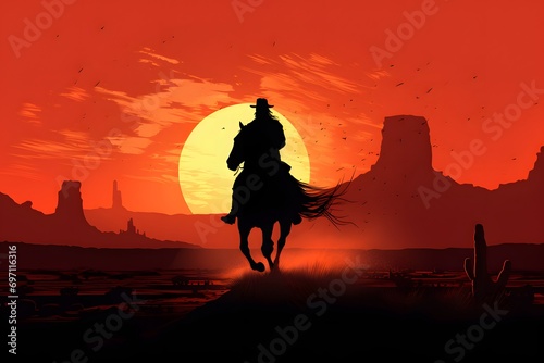 silhouette of a man riding a horse in a desert with sun in background