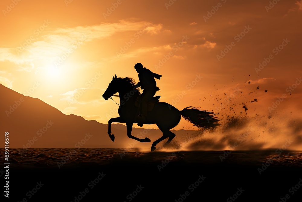 silhouette of a man riding a horse in a desert with sun in background