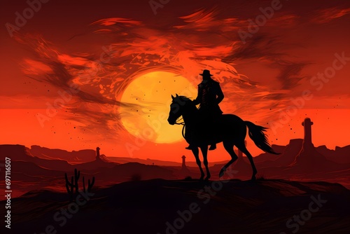 silhouette of a man riding a horse in a desert with sun in background