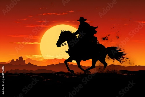 silhouette of a man riding a horse in a desert with sun in background