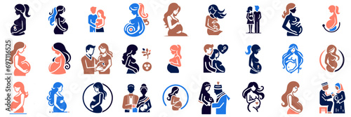 Multicultural Expecting Family and Pregnancy Icons and Symbols Collection