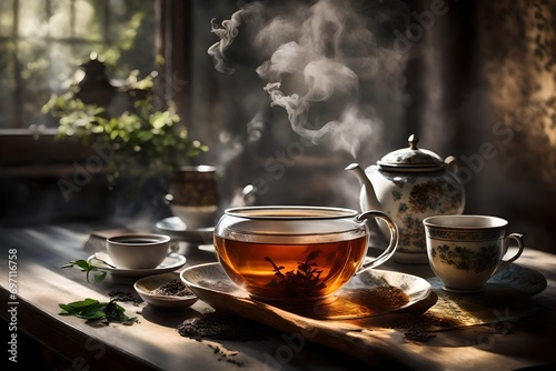 hot coffee background with steam rising from the tera pot full complete tea set with tea in it placed ont he table outside the lawn with mint leaf placed on it for tastea nd beauty abstract background photo
