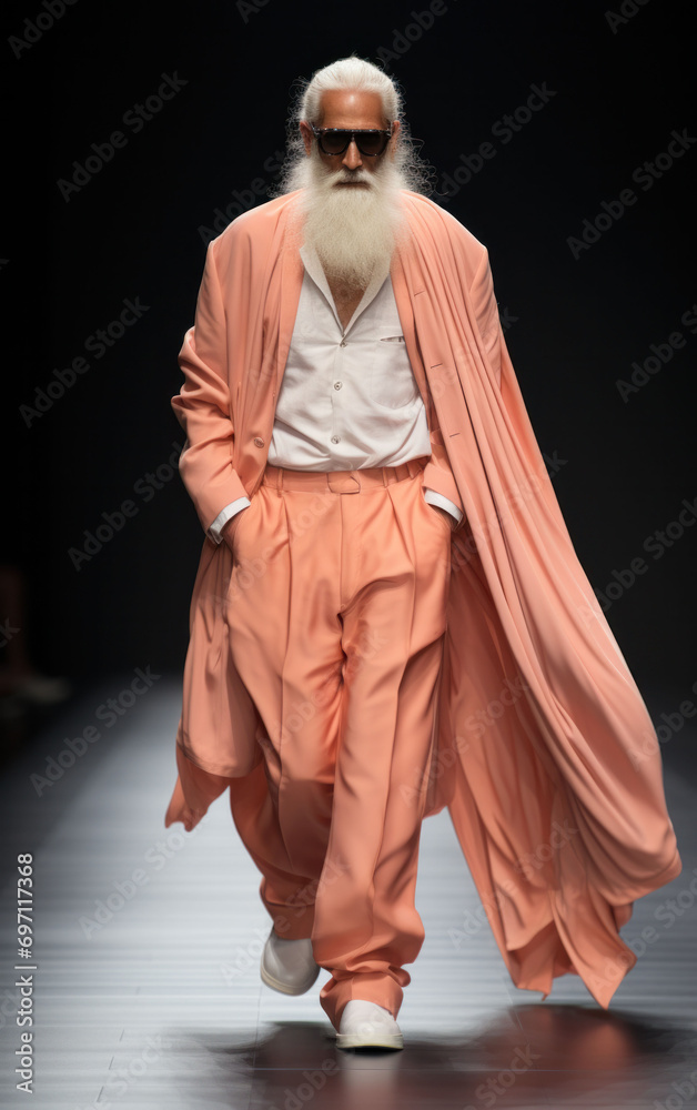 A charismatic senior model in a flowing peach fuzz robe exudes elegance and cutting-edge style on the fashion runway.
