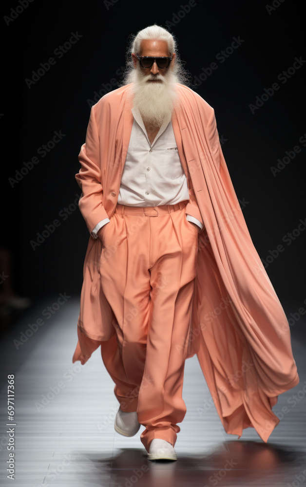 A charismatic senior model in a flowing peach fuzz robe exudes elegance and cutting-edge style on the fashion runway. A charismatic senior model in a flowing peach fuzz robe exudes elegance and cutting-edge style on the fashion runway.