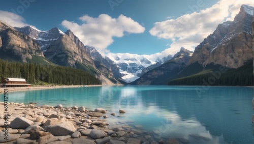 a lake surrounded by mountains under a beautiful sky 