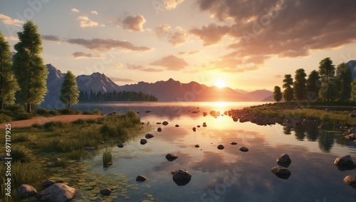 Tranquil sunrise over calm water and peaceful nature landscape 