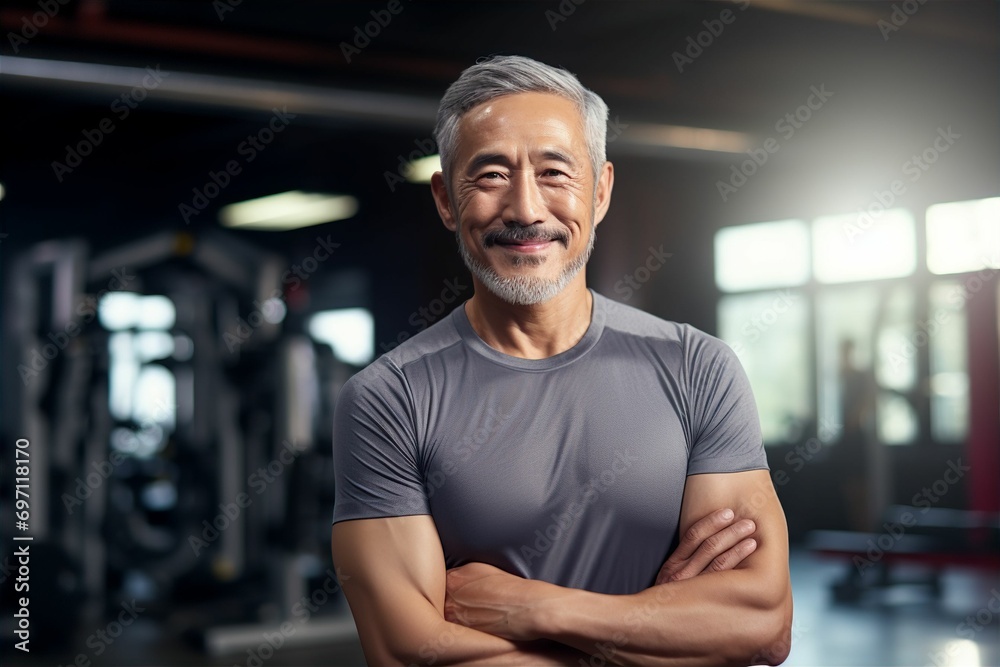 ジムで筋トレをしている日本人男性（筋肉・マッチョ・フィットネス・ヘルスケア） 