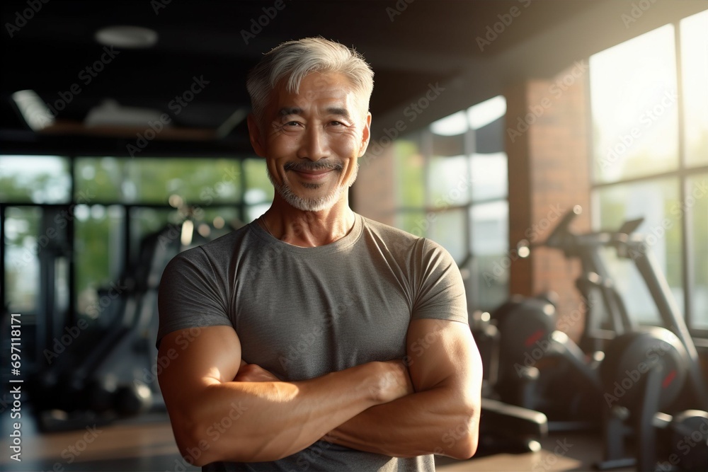 Fototapeta premium ジムで筋トレをしている日本人男性（筋肉・マッチョ・フィットネス・ヘルスケア） 