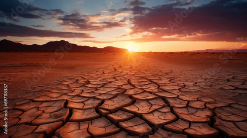 Global warming concept.Soil drought cracked landscape on sunset sky.Dry cracks in the land, serious water shortages.Drought concept.