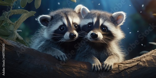 2 baby raccoons are in their branches, generative AI