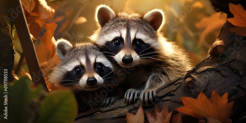 2 baby raccoons are in their branches, generative AI