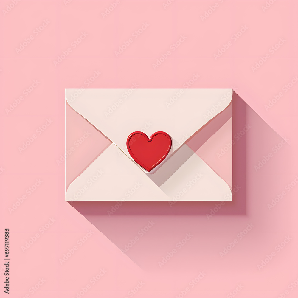 Flat design of a love letter with a red heart seal, on a pastel pink background