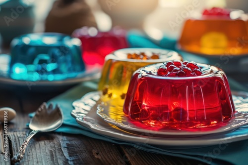 Pomegranate jelly in a bowl on a wooden table. photo
