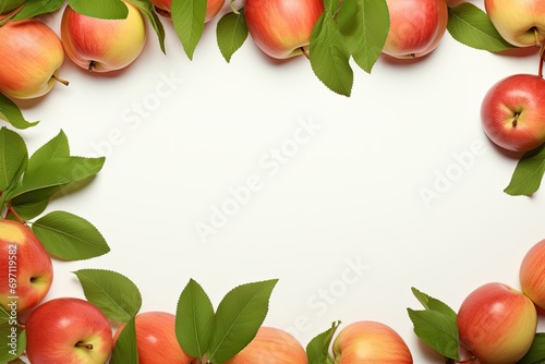 frame of appetizing apples, and their green leaves..