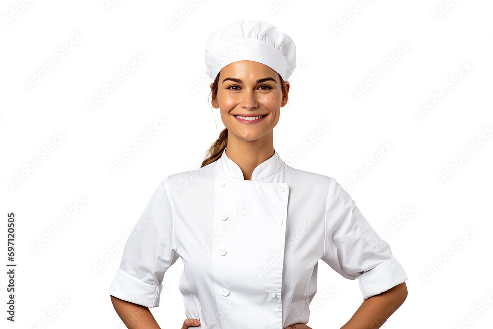 Portrait of young chef woman with uniform and cap posting with happy smile isolated on transparent background. Portrait of young chef woman with uniform and cap posting with happy smile isolated on transparent background.