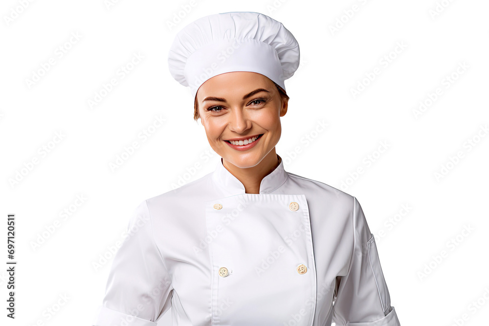 Portrait of young chef woman with uniform and cap posting with happy smile isolated on transparent background. Portrait of young chef woman with uniform and cap posting with happy smile isolated on transparent background.
