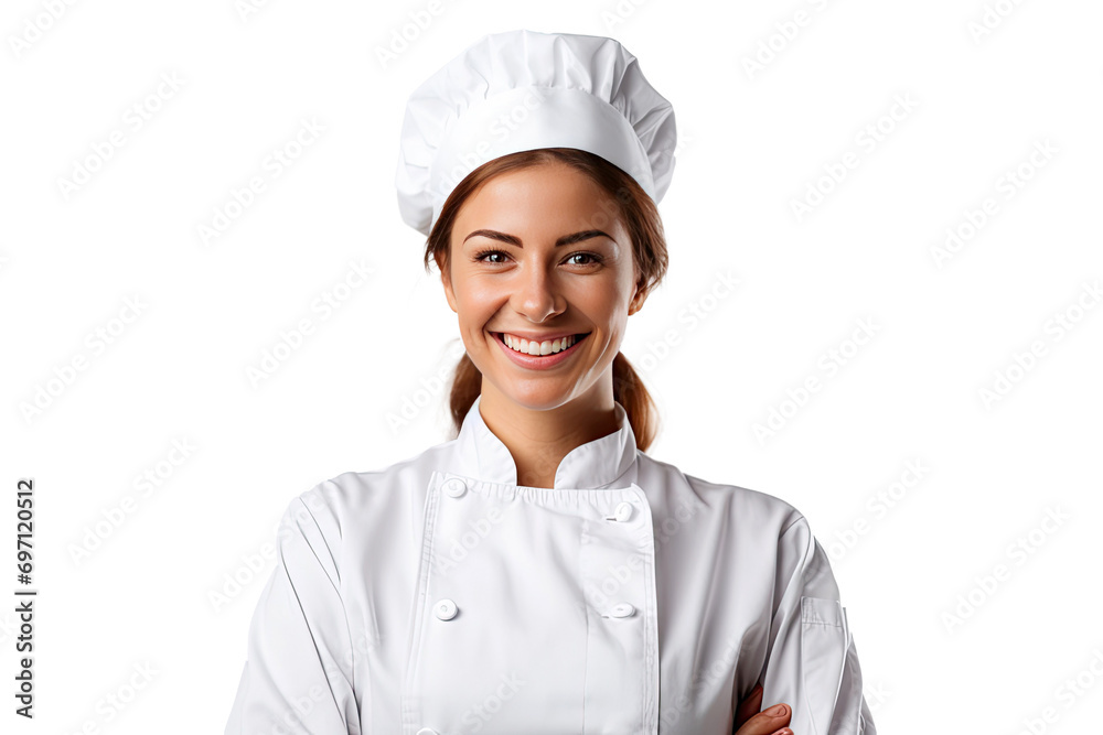 Portrait of young chef woman with uniform and cap posting with happy smile isolated on transparent background. Portrait of young chef woman with uniform and cap posting with happy smile isolated on transparent background.