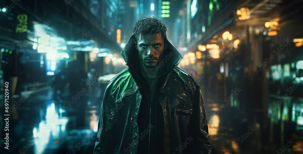 person in the night a futuristic version of Robin Hood  in a cyberpunk city