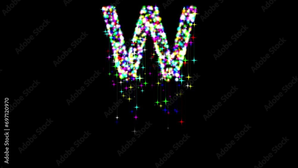 English alphabet W with colorful glitter sparkles and falling stars on plain black background English alphabet W with colorful glitter sparkles and falling stars on plain black background