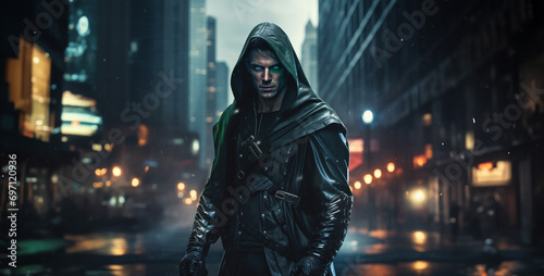 a futuristic version of Robin Hood  in a cyberpunk city photo