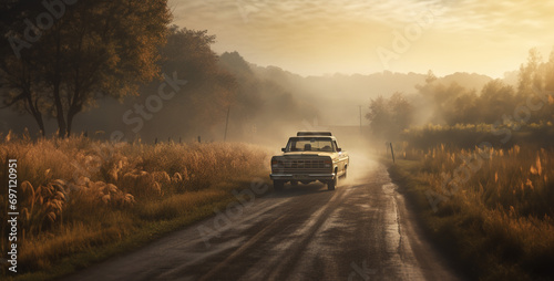 car on the road, a pickup truck driving down a country road on a hazy m
