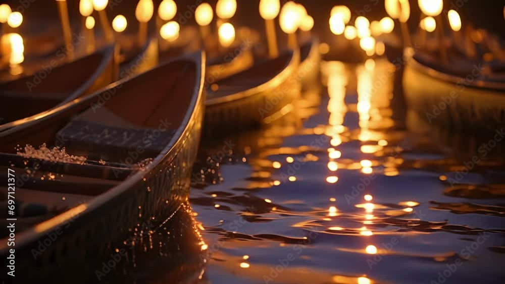 Closeup of a rowboats wooden oars slicing through the reflection of the moon and candles, creating a mesmerizing ripple effect.