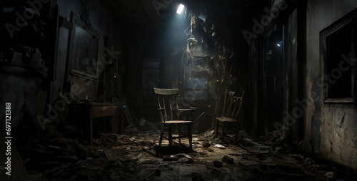 old abandoned chair, a chair dark room with limited lighting with a broken photo