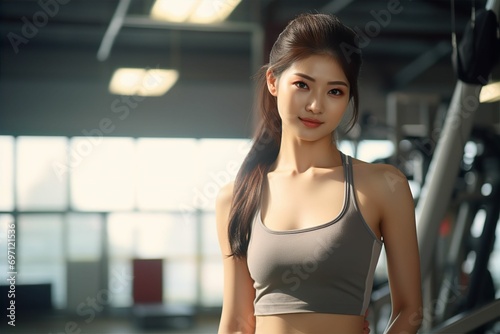 体を鍛えている日本人女性（背景あり・筋トレ・筋肉・フィットネス・ヘルスケア） 