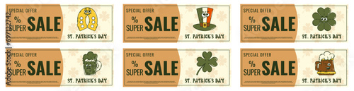 Happy Saint Patricks Day retro promotion set, discount banner, gift voucher. Funky groovy cartoon characters. Vintage funny mascot patch psychedelic smile and emotion. Comic trendy vector illustration